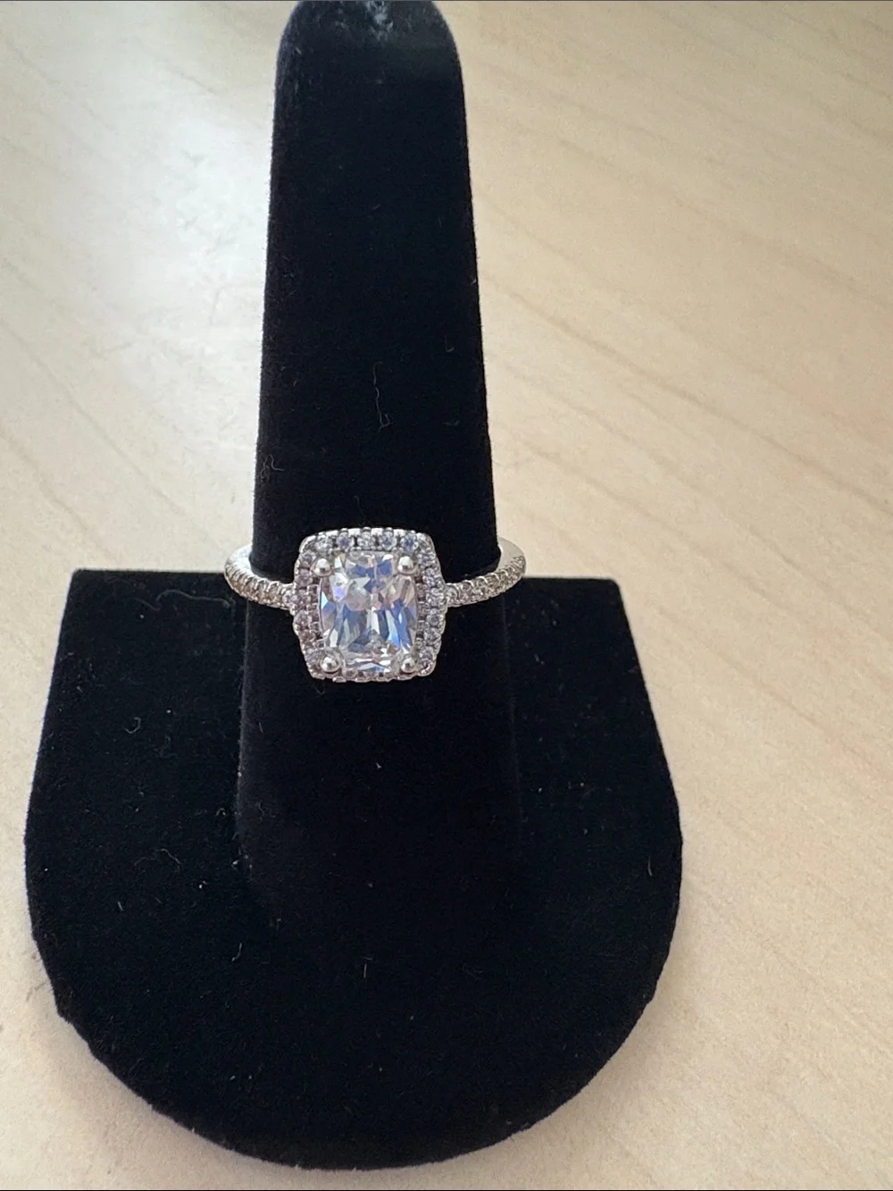 925 Silver Cushion Halo Solitaire Ring in White with Pavé Band - Picture 3 of 4